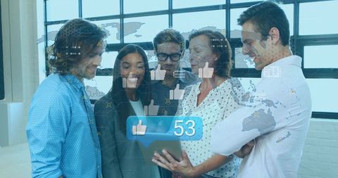 Team Analyzing Business Data on Tablet with Digital World Map Display