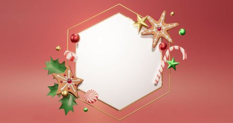 Hexagonal christmas frame with festive accents on red