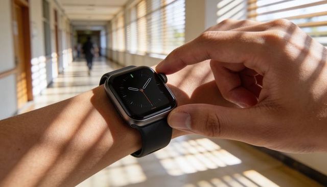 Adjusting smartwatch on left wrist in sunlit corridor with striped shadow bands