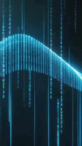 Vertical Data Ribbon Rising and Settling as Animated Blue Sine Wave with Falling Streams