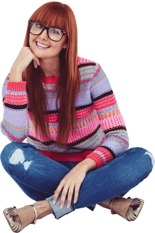 Transparent Smiling Redhead Hipster Woman in Colorful Sweater Sitting Cross-legged