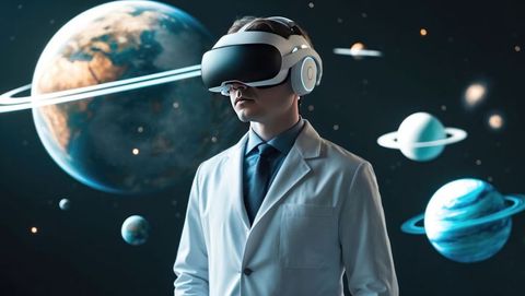 Astrophysicist exploring outer space simulation via virtual reality
