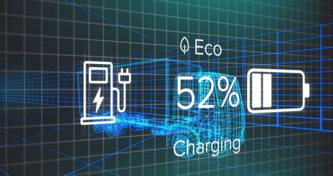 Futuristic Semi-Truck Visualization in Virtual 3D Grid with EV Charging Icons