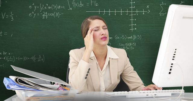 Image of close up of young Caucasian woman at a desk using a computer and massaging her temples in frustration in front of moving mathematical calculations written in chalk on a blackboard
