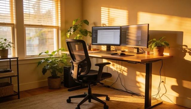 Sunlit modern home office with adjustable standing desk, dual monitors, ergonomic chair