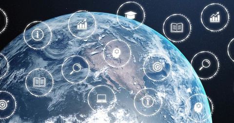 Global digital network overlay on earth featuring futuristic hud icons for data analytics