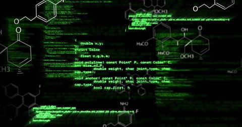 Neon green program code with chemical molecule overlays for cyber biotech visualization