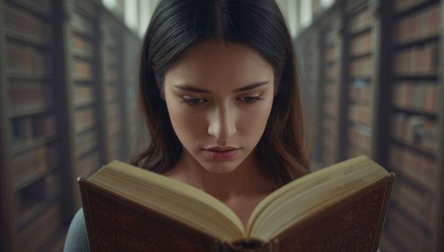 Focused woman reading in vintage library aisle bookshelves