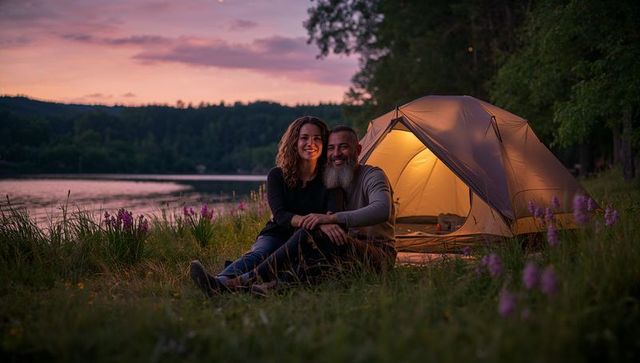 Couple cuddling on lakeshore at twilight near glowing tent and wildflowers