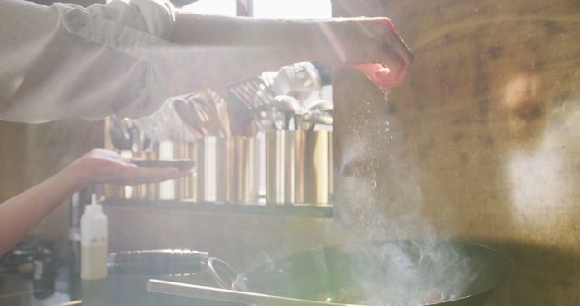 Chef Seasoning Food in a Professional Kitchen with Sunlight - Download Free Stock Images Pikwizard.com