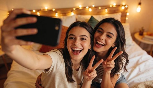 Teen friends taking selfie on cozy bedroom under string lights laughing with peace signs