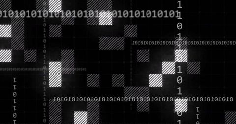 Binary data grid showing illuminated squares and vertical code streams monochrome tech