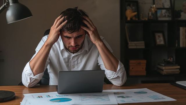 Stressed office worker holding head over laptop with financial charts and data on desk