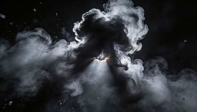 Swirling Black and White Smoke Torus with Glowing Core and Rim-Lit Particles