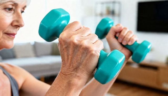 Senior woman lifting teal dumbbells at home focusing on forearm strength and active aging