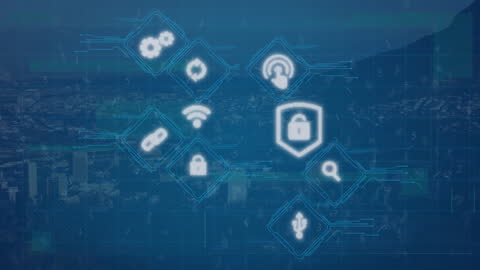 Futuristic Cybersecurity Technology Overlooking Modern Cityscape