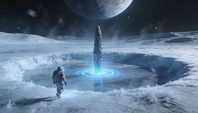 Astronaut exploring glowing alien monolith on icy moon with planet looming overhead
