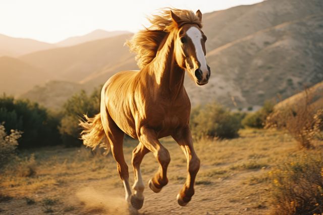 Capturing energy and grace, this stock photo features a golden horse running freely in an open field at sunset, with mountains in the background. Perfect for illustrating wildlife concepts, agricultural themes, adventure magazines, or promoting equine products. Ideal for use in posters, websites, blogs, and other marketing materials focused on the majesty and freedom of nature.