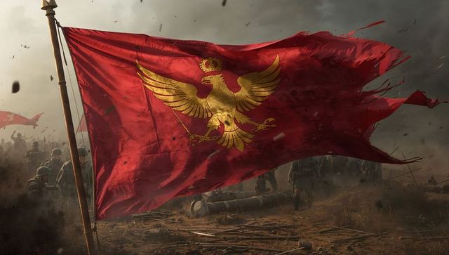 Torn red war flag with gold crowned eagle billowing over muddy battlefield, soldiers, smoke