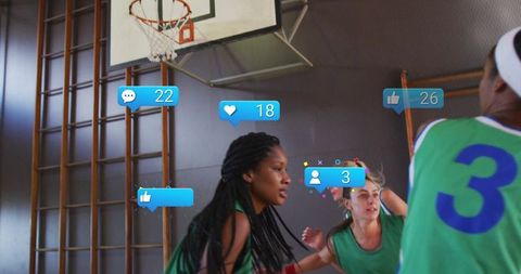 Female Athletes Playing Basketball with Social Media Icons