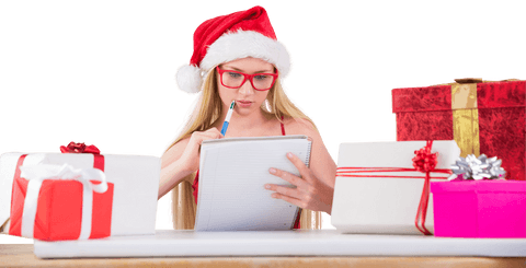 Festive woman in santa hat writing on transparent background