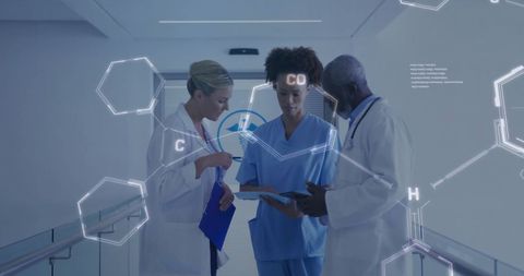 Diverse Surgeons Analyzing Data with Chemical Formulas Overlay