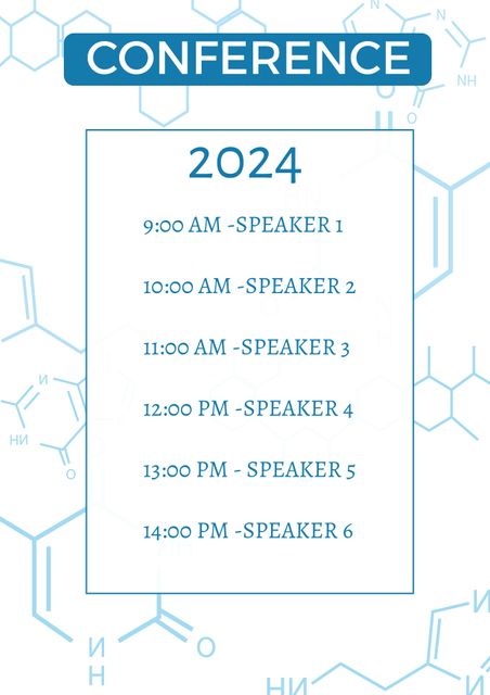 This illustration depicts a conference schedule for 2024 with chemical formulas in the background. Each speaker has a dedicated time slot starting from 9:00 AM until 2:00 PM. Ideal for promoting academic events, science lectures, educational conferences, and symposiums.