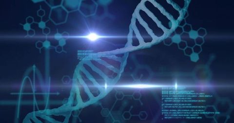Displaying teal dna double helix with molecular ui, hexagons, data code and neon flares