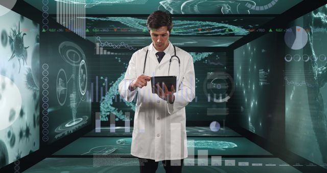 This image depicts a doctor in a medical lab using a digital tablet surrounded by futuristic holographic displays. Ideal for illustrating concepts in advanced healthcare technology, data analysis in medical fields, and innovative research environments. Can be used in articles or presentations focused on medical advancements, healthcare IT, and futuristic science.