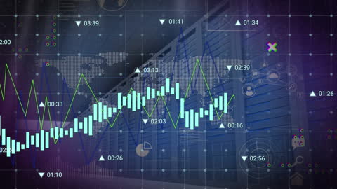 Digital Financial Data and Analytics Over World Map in Server Room