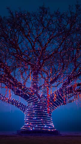 Vertical video: Bare tree wrapped in colorful LED lights pulsing and twinkling at night