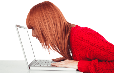 Transparent Redhead Woman Laughing at Laptop Screen