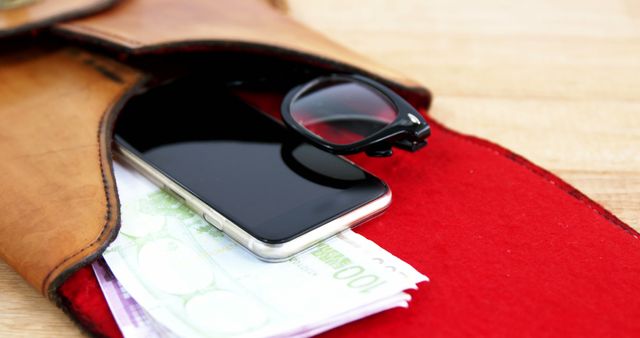 This image depicts a smartphone, some cash, and a pair of eyeglasses inside a leather wallet placed on a wooden table. Ideal for use in articles about daily essentials, personal finance, digital technology, and organizational tips.