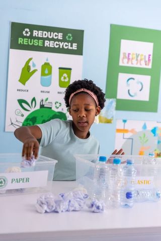 African american girl sorting recycling in classroom, learning sustainability and teamwork