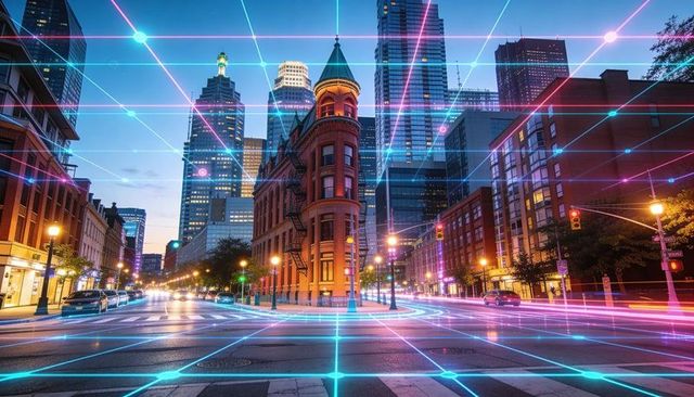 Flatiron Building with Green Turret and Neon Grid Over City Streets at Twilight