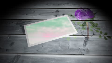 Wooden Surface with Empty Picture Frame and Purple Flower