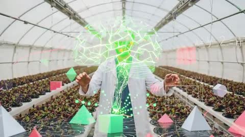 A scientist inside a greenhouse interacts with a holographic display to model plant data. Perfect for illustrating innovation within fields of technology, agriculture, and horticulture research. Useful for presentations, articles, or advertisements focusing on the impact of technology and artificial intelligence in sustainable farming and agricultural efficiency. Supports concepts in AI-driven agritech, data analytics in plant science, and futurism in food production.