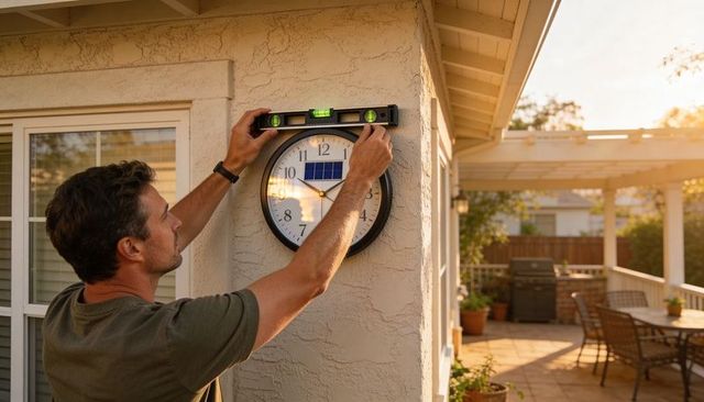 Man leveling solar wall clock on stucco patio wall with bubble level at golden hour