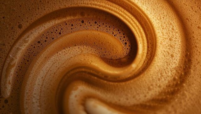 Swirling espresso crema and microfoam close-up, caramel coffee foam texture background