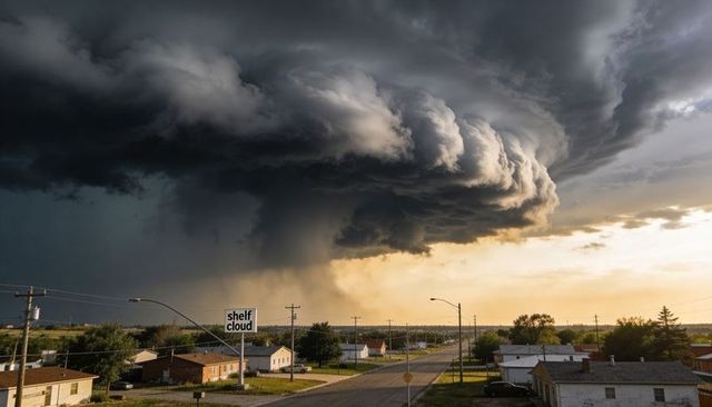 Dramatic shelf cloud rolling over small plains town with rain shaft and golden light