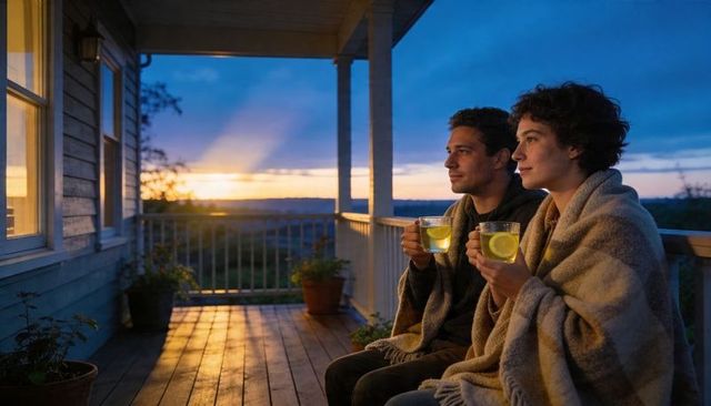 Couple wrapped in blankets sipping lemon tea on porch at golden sunset overlooking horizon