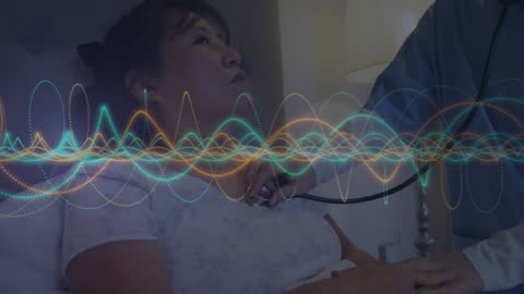 Doctor Checking Patient Heartbeat with Abstract Waves