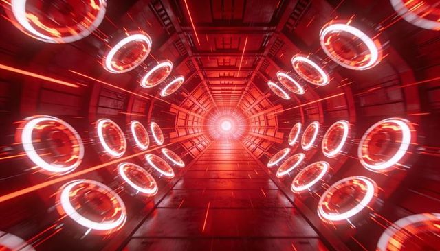 Pulsing red energy tunnel with glowing rings drawing panels toward bright core