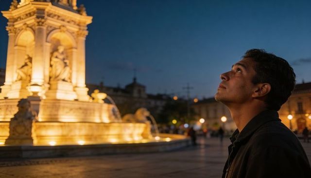 Man gazing upward at illuminated fountain in twilight plaza, contemplative urban evening