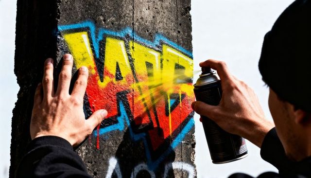 Street artist spraying yellow over bold multicolor graffiti on concrete slab close-up