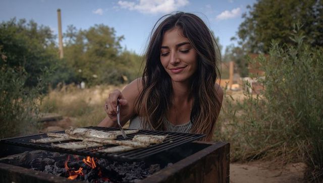 Brunette woman grilling fish on charcoal grill outdoors, rustic backyard barbecue moment