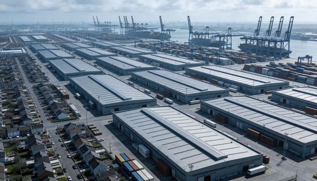 Aerial industrial port showing warehouses and gantry cranes loading shipping containers