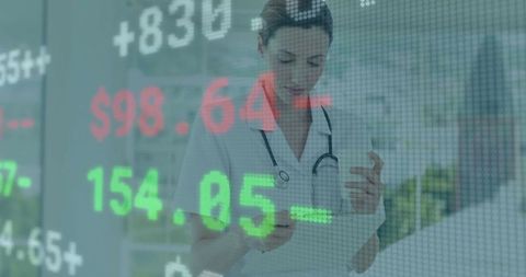 Nurse with Stethoscope Analyzing Healthcare Stock Data