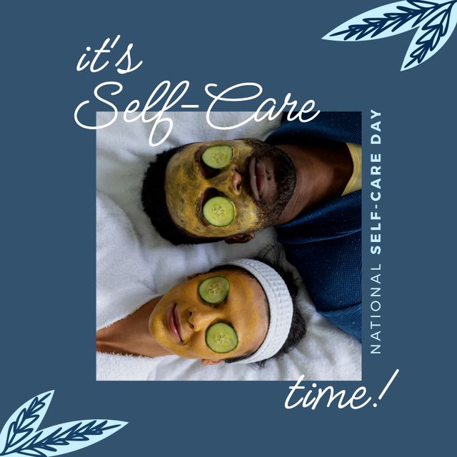 African American couple lying down with face masks and cucumber slices over eyes, relaxing together. Great for wellness, self-care, spa treatment, National Self-Care Day promotions, and relaxation themes.