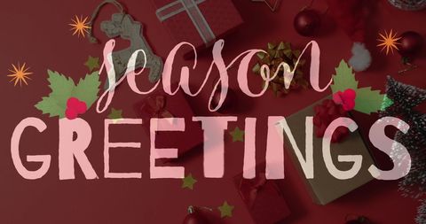 Festive season greetings over red christmas decor